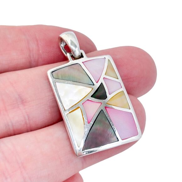 Vintage Sterling Silver 925 Abalone & Mother of Pearl Mosaic Pendant - Picture 1 of 7
